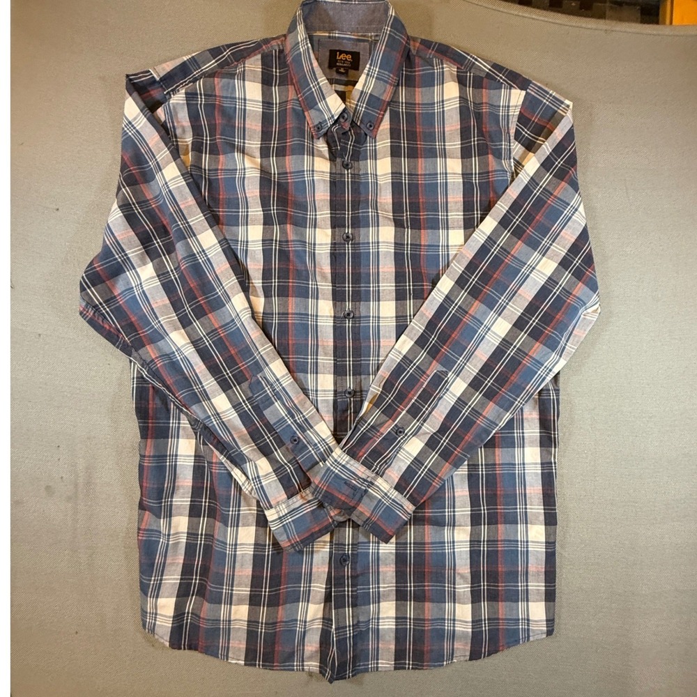 Lee Mens XL Regular Fit Plaid Button Down Shirt Blue White Red Long Sleeve 2139